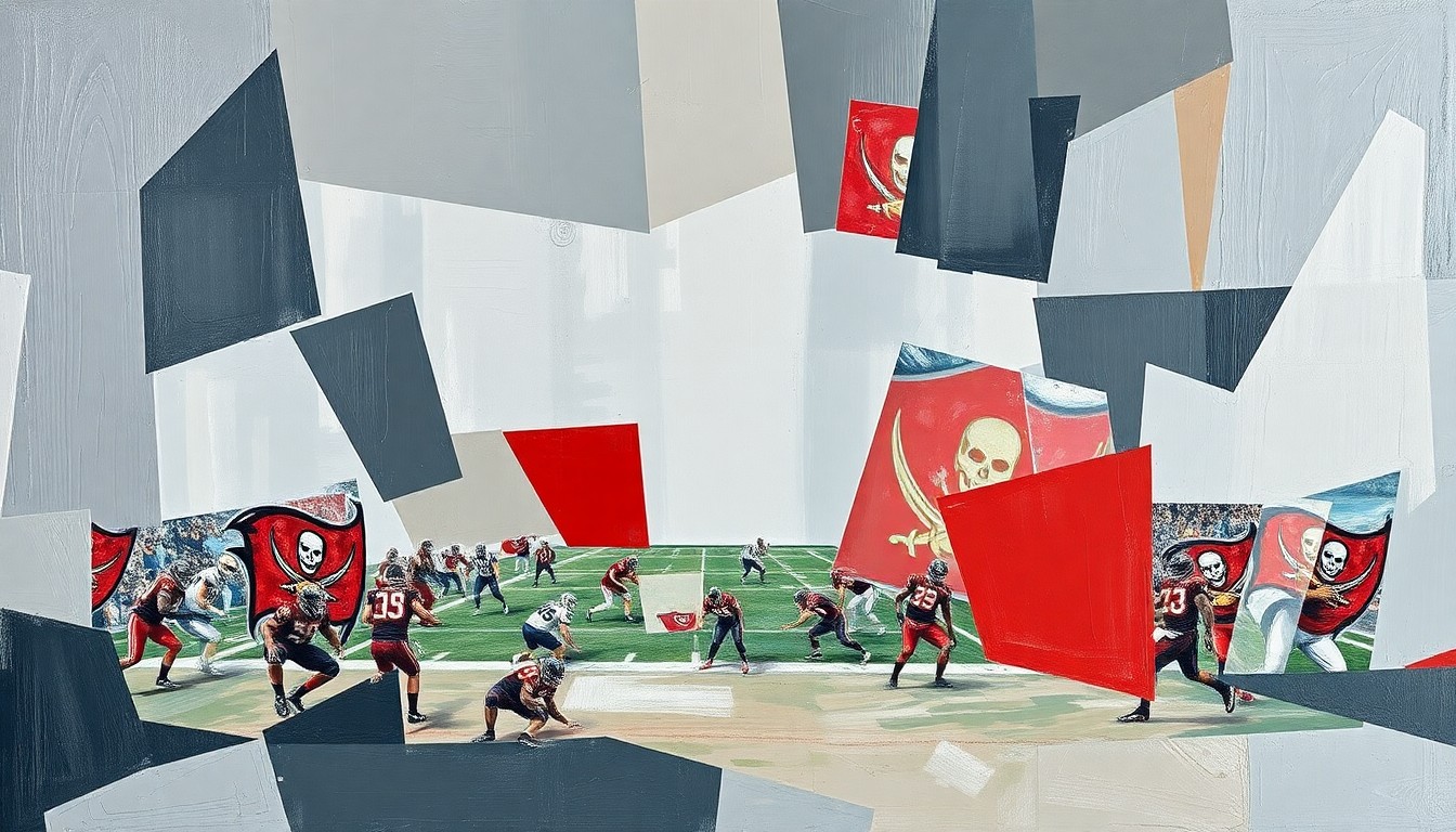 A cubist, geometric painting depicting a fragmented, multi-angled view of a Buccaneers football game or practice, with sharp planes of pewter grey, red, and blue overlapping to create a dynamic, abstract composition.