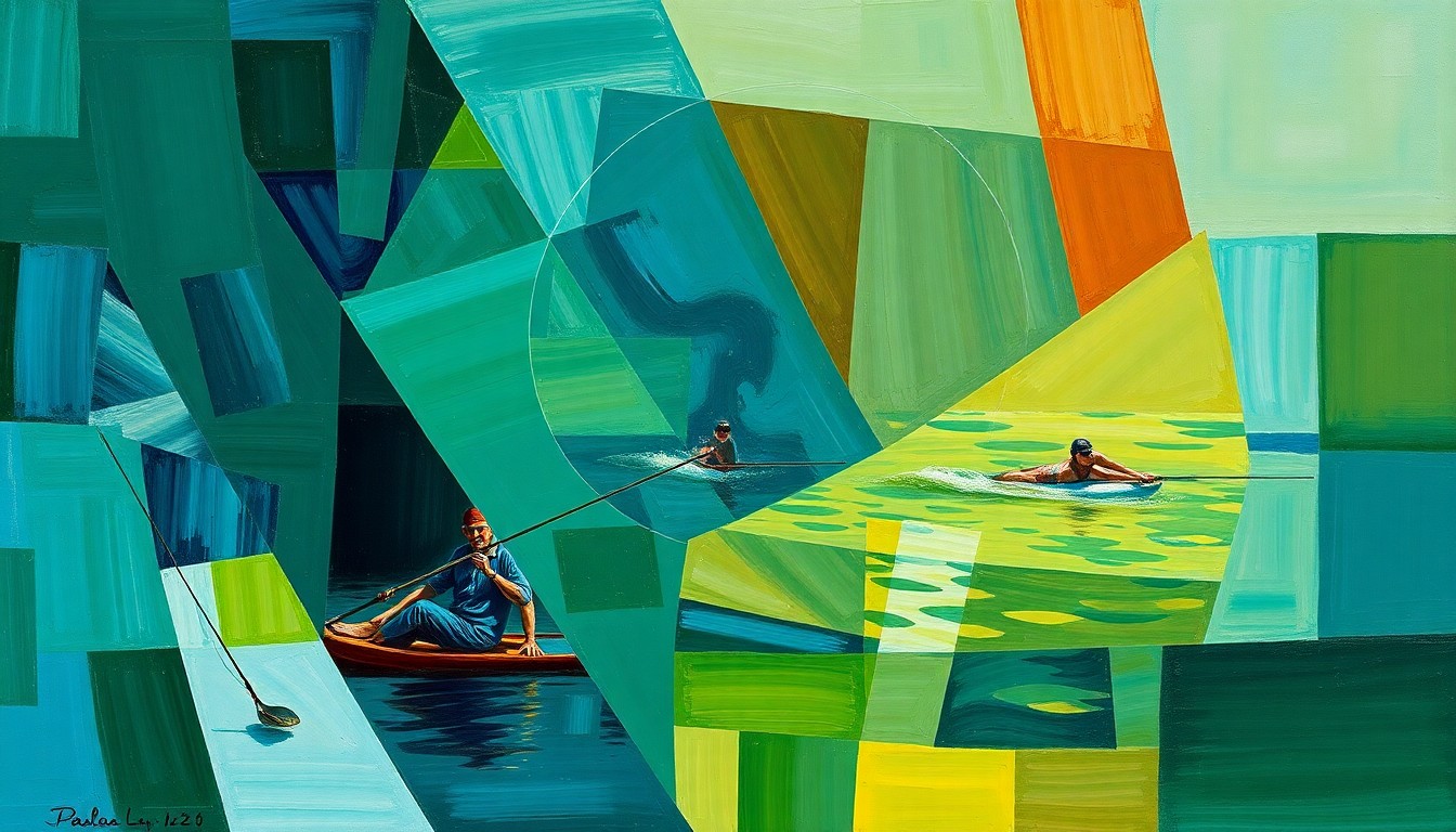 A cubist, geometric painting depicting a fragmented scene of a fishing competition on a lake, with overlapping planes of deep blues, greens, and browns conveying the energy and movement of the event.