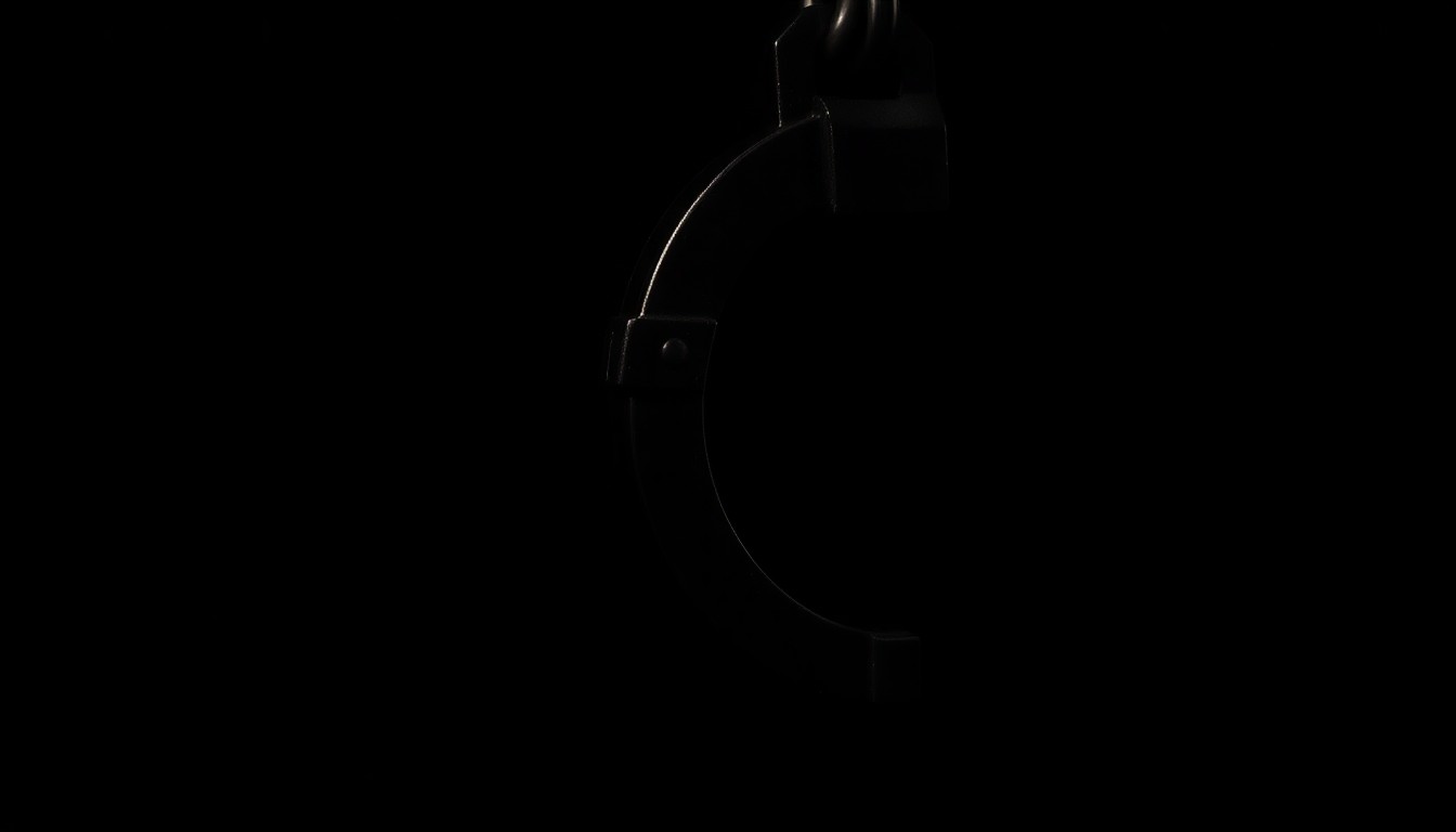An extreme close-up photograph of a handcuff lock against a pitch-black background, lit by a harsh, direct camera flash, conceptually representing the serious legal consequences of the alleged crimes.