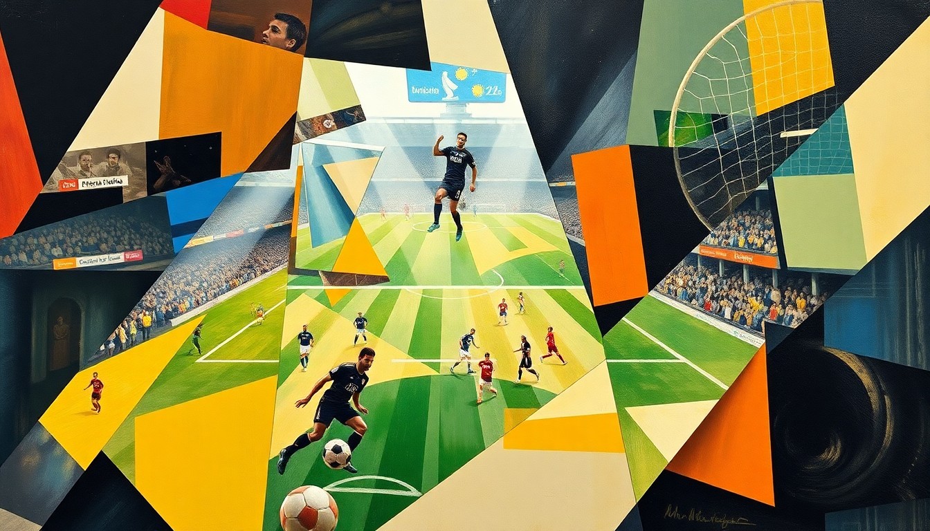 A cubist, geometric painting depicting a fragmented soccer match, with overlapping planes of color and shape representing the disruption and transition facing Inter Miami.