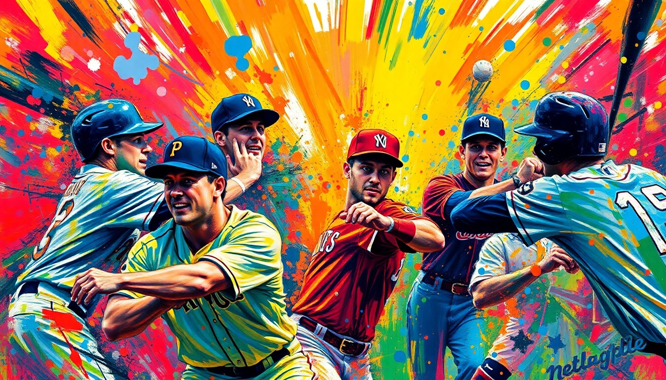 An abstract, energetic painting featuring bold, neon-colored brushstrokes that capture the dynamic motion and intensity of a high-scoring baseball game.