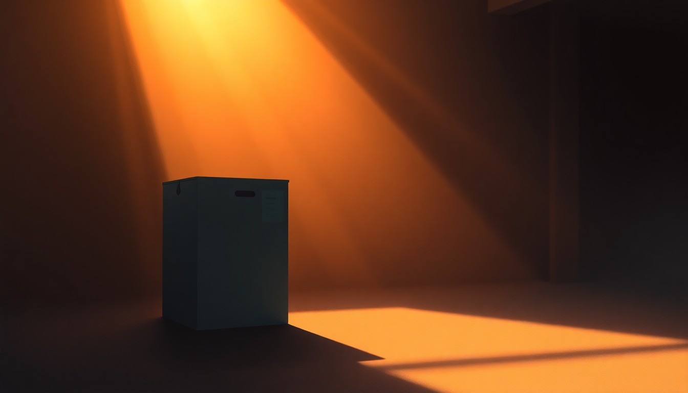 A photorealistic painting of a lone ballot box sitting on a wooden table, with warm sunlight streaming in through a window and deep shadows cast across the scene, creating a pensive, cinematic mood that reflects the political uncertainty surrounding undisclosed campaign financing.