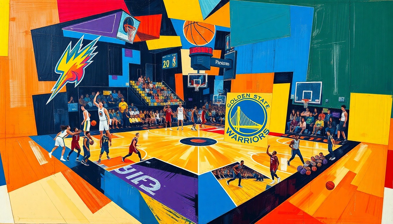 A fractured, multi-perspective painting in bold, geometric shapes and vibrant colors representing a basketball game between the Phoenix Suns and Golden State Warriors.