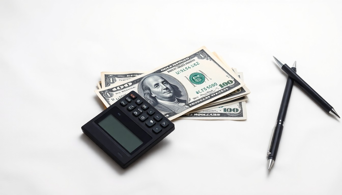 A high-end, photorealistic studio still-life photograph featuring a stack of U.S. dollar bills, a calculator, and a pen arranged elegantly on a clean, white seamless background, conceptually representing the abstract concepts of corporate finance, payroll errors, and employee compensation.