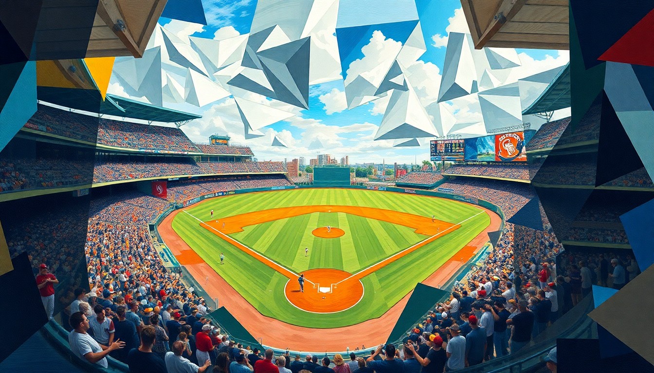 A cubist-style painting depicting a college baseball game broken down into sharp, overlapping geometric shapes and planes, conveying the fractured nature of LSU's loss to Texas A&M.
