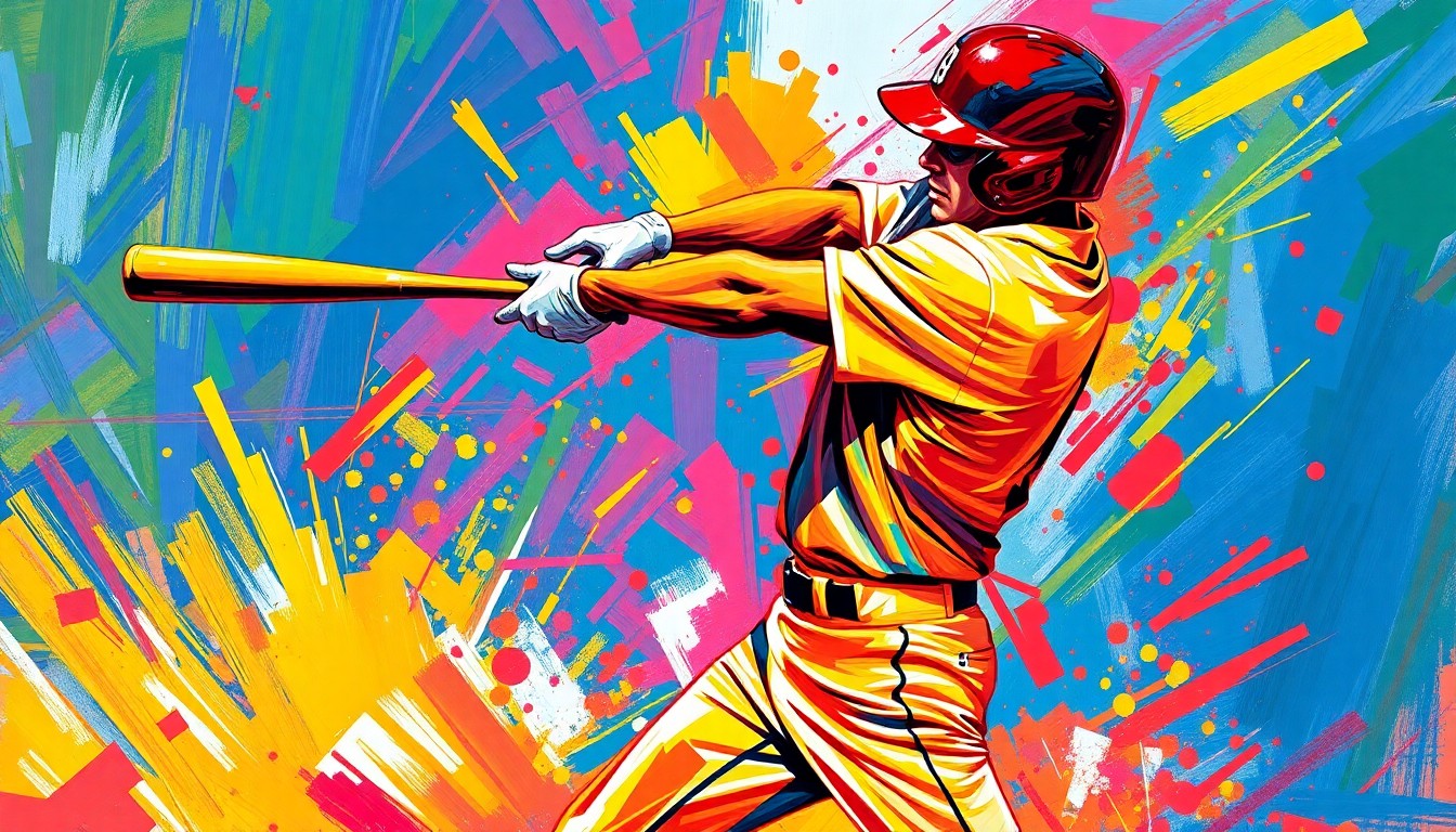 An abstract, energetic painting featuring bold, neon-colored brushstrokes that capture the powerful motion and raw athleticism of a baseball player hitting a home run.