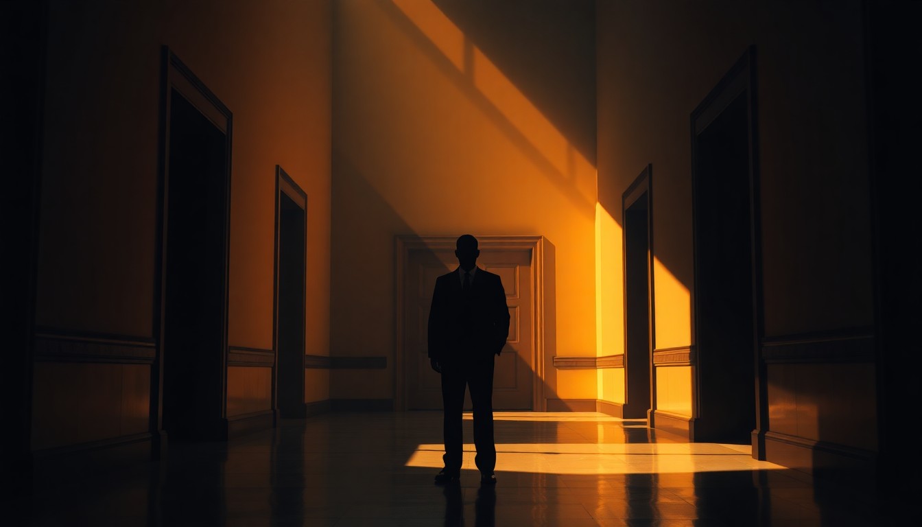 A moody, cinematic painting of a shadowy government official standing alone in an empty hallway of a government building, the figure bathed in warm, diagonal sunlight and deep shadows, capturing a sense of solitude and contemplation.
