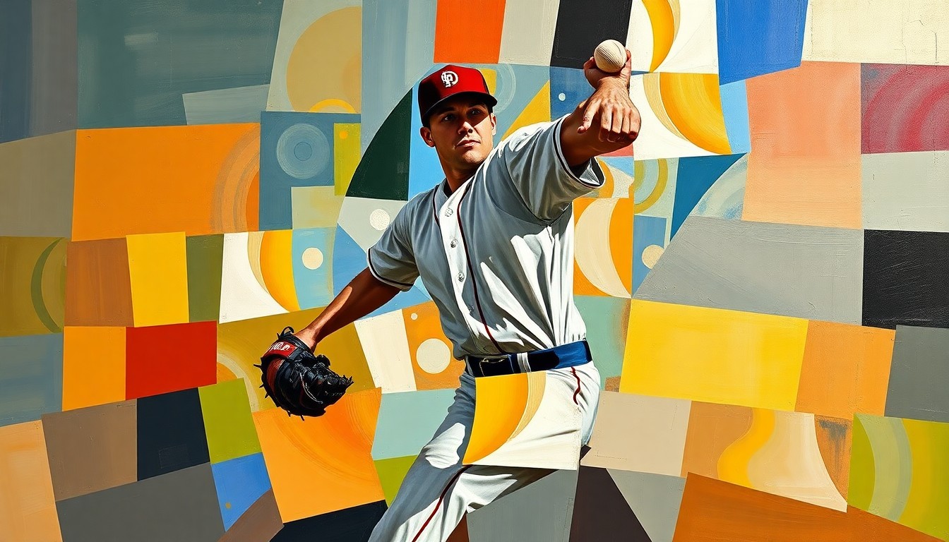A cubist-style painting depicting a baseball pitcher's delivery broken down into sharp, overlapping geometric shapes and planes, conveying the challenges the player faces in finding his rhythm and command.