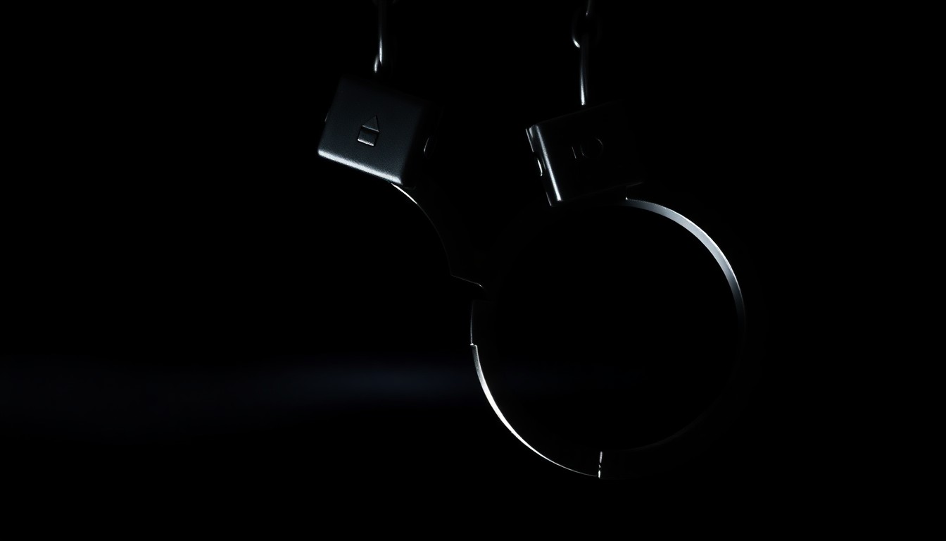 An extreme close-up photograph of a pair of handcuffs against a pitch-black background, creating a stark, gritty, investigative aesthetic through the use of harsh, direct lighting.