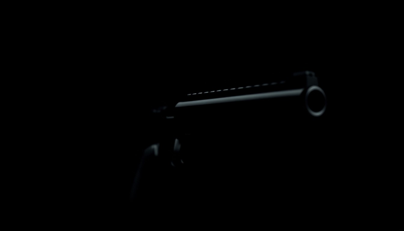 An extreme close-up photograph of a black metal BB gun against a pitch-black background, lit by a harsh, direct camera flash, conceptually illustrating the threat of imitation firearms.