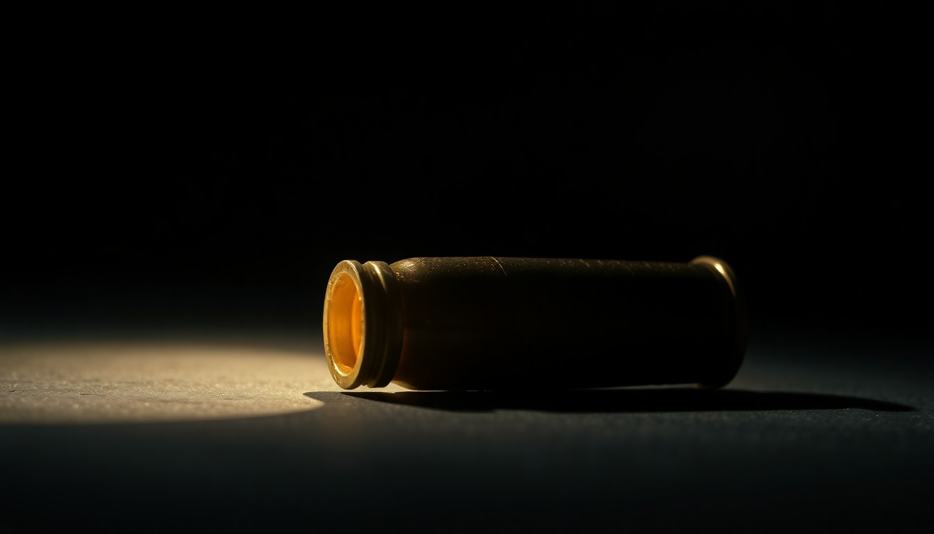 An extreme close-up of a spent shell casing on a dark surface, the harsh lighting creating dramatic shadows and textures to convey a sense of the gritty investigation into this violent crime.