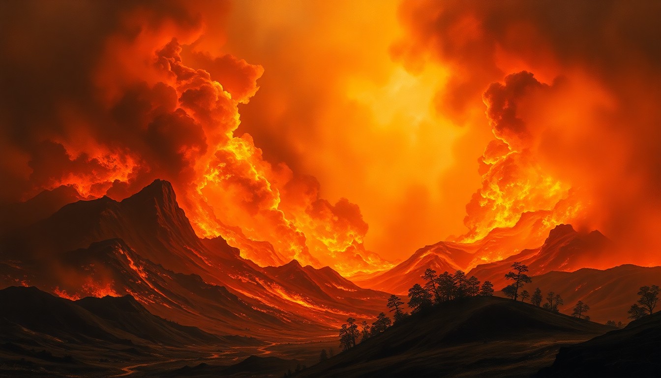 A dramatic, atmospheric landscape painting in the style of Caspar David Friedrich, depicting a massive wildfire consuming a small town in the distance, with the flames and smoke dominating the scene and dwarfing any physical structures.