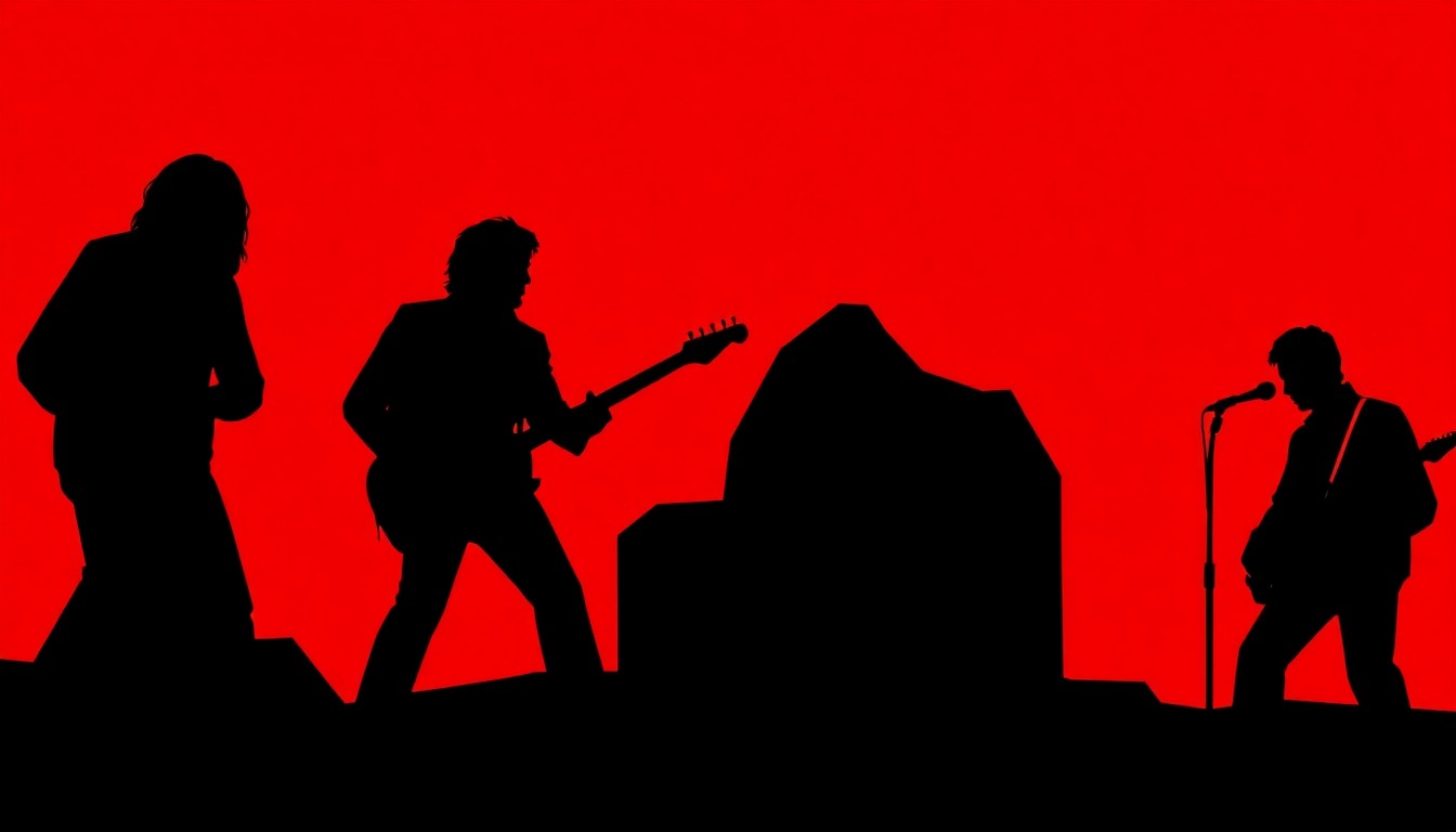 A striking abstract composition using bold, geometric shapes and high-contrast colors to conceptually represent the hidden meanings behind famous band names.