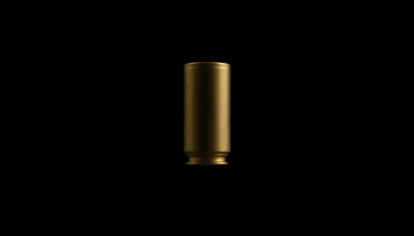 An extreme close-up photograph of a single handgun bullet casing against a pitch-black background, lit by a harsh, direct camera flash, conceptually illustrating the discovery of illegal firearms during a police raid.