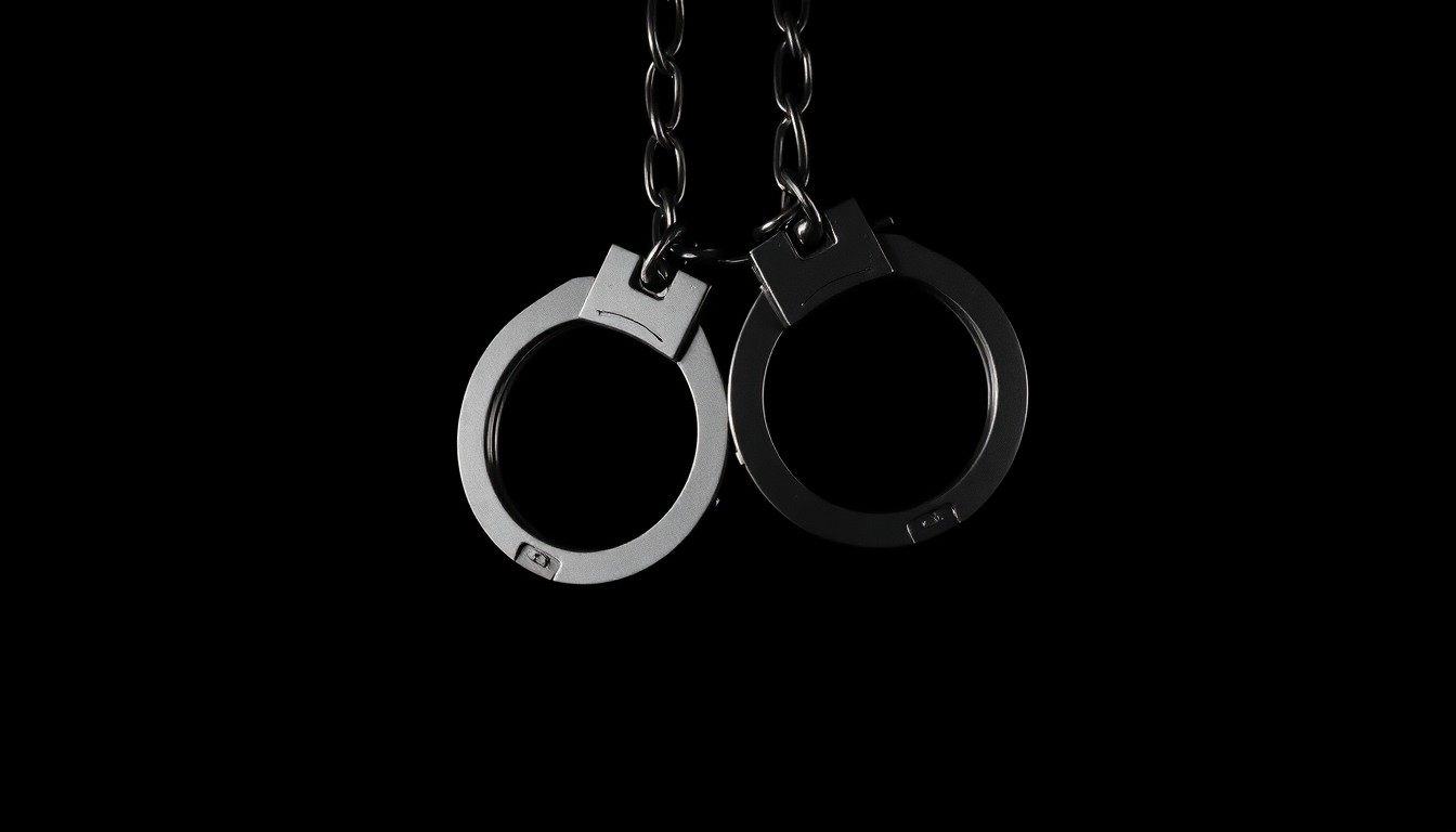 An extreme close-up of a pair of handcuffs against a stark black background, conveying the serious and investigative nature of a kidnapping case.