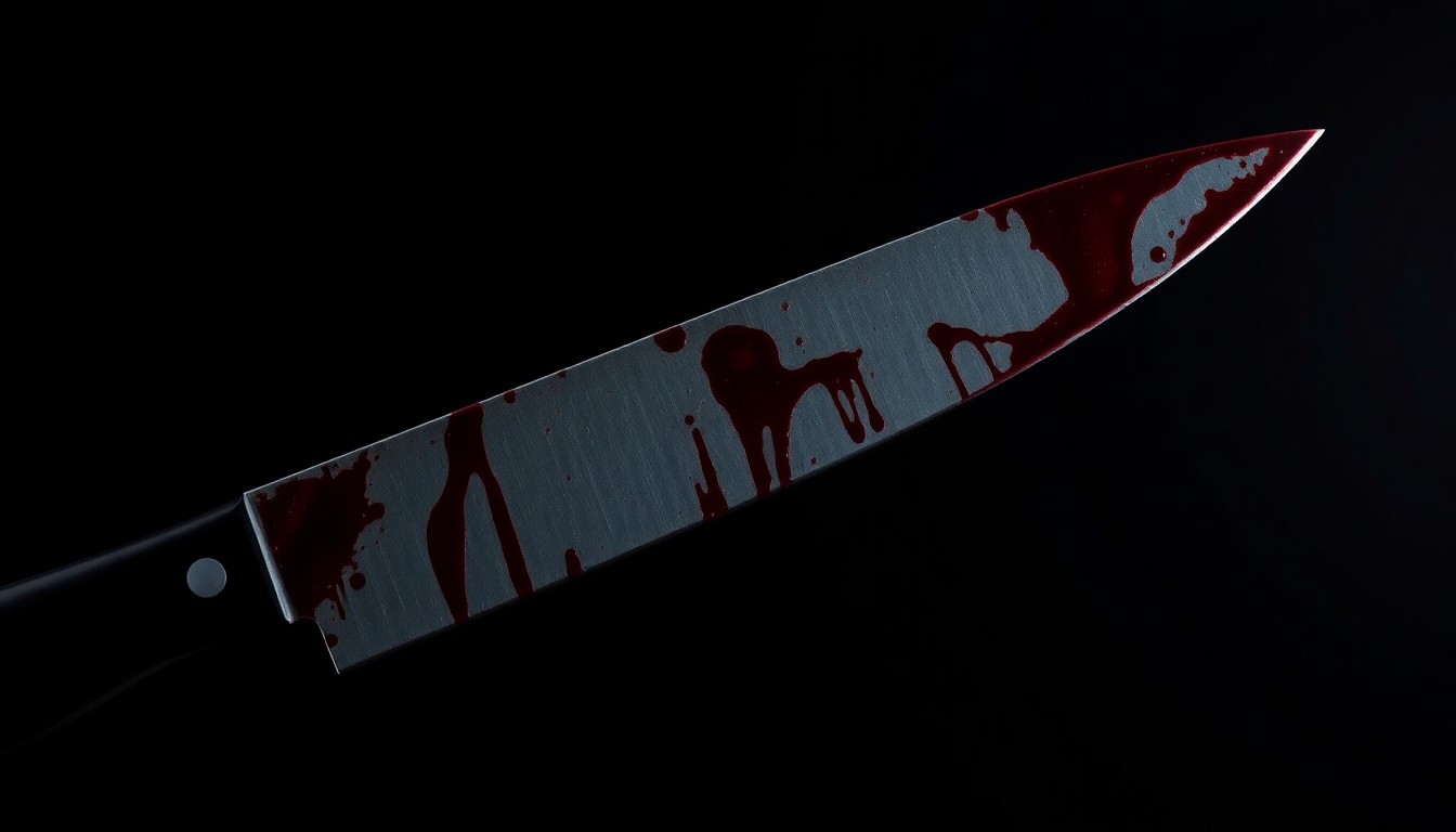 An extreme close-up photograph of a blood-stained knife blade against a pitch-black background, creating a stark, gritty, and investigative aesthetic through the use of harsh, direct flash lighting.