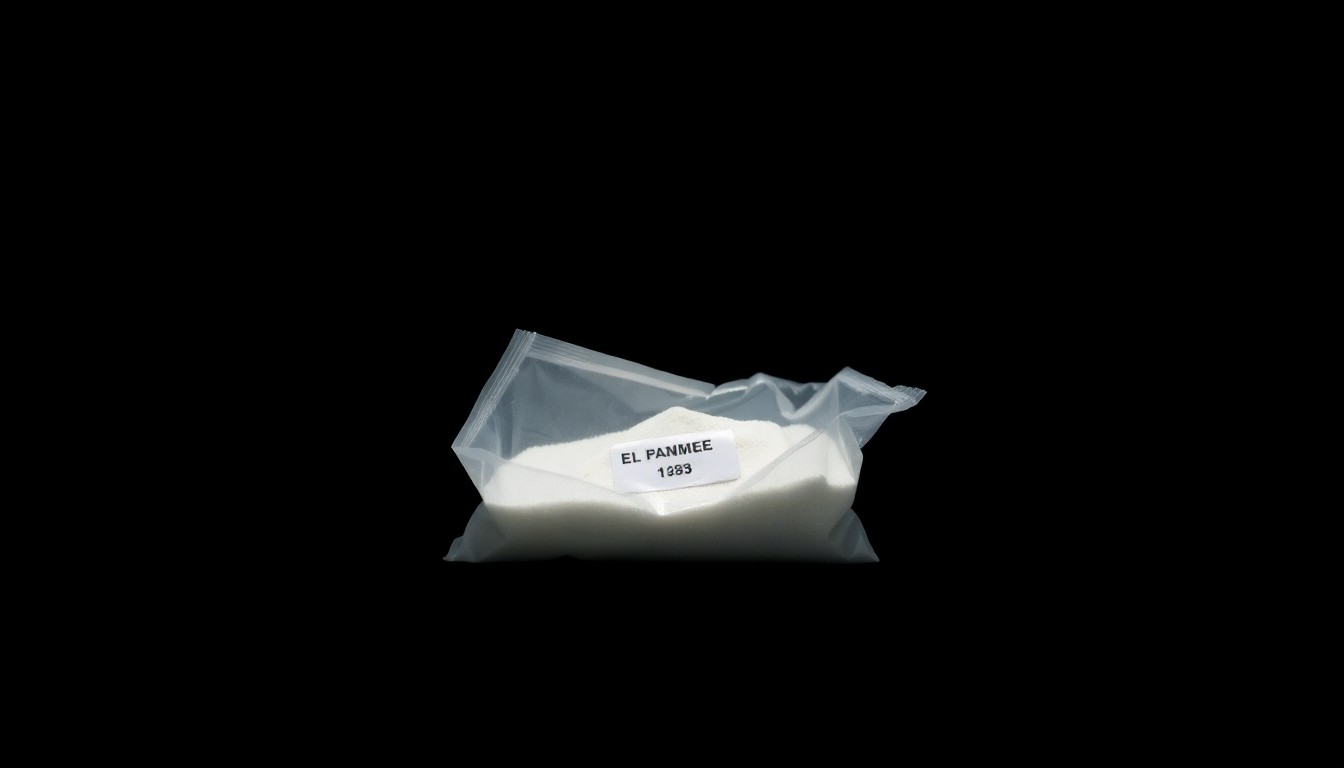 An extreme close-up photograph of a small plastic bag containing white powder, lit by a harsh, direct camera flash against a pitch-black background, conceptually representing the evidence seized during a narcotics-related search warrant.