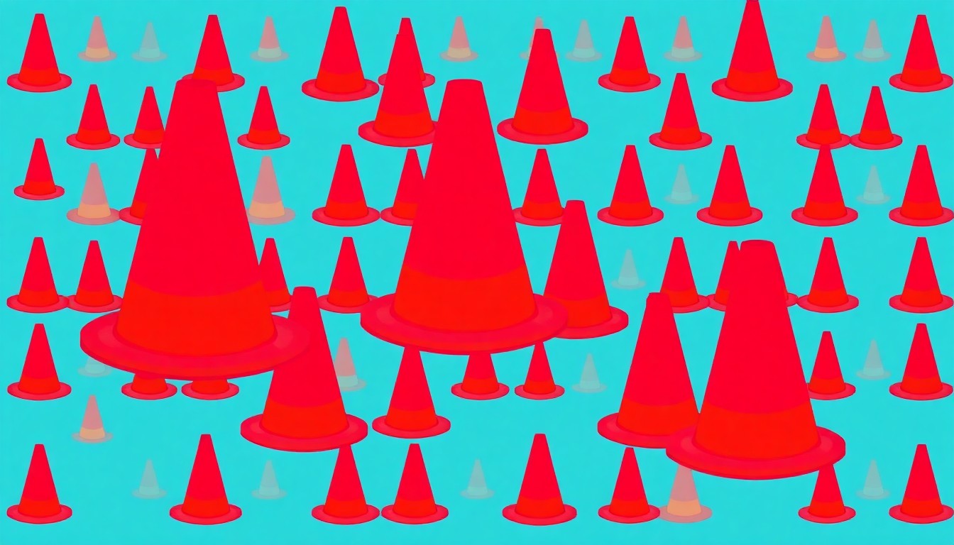 A vibrant, high-contrast silkscreen print featuring a repeated pattern of a single, iconic road maintenance object in neon colors, conceptually representing the challenges of urban infrastructure upkeep.