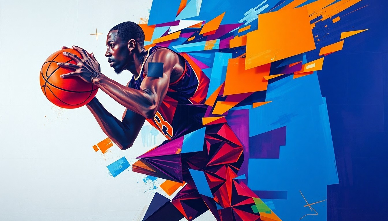 A fragmented, cubist-style painting depicting the silhouette of a basketball player in motion, broken down into sharp, overlapping geometric shapes in a vibrant color palette, conveying the physicality and challenges of professional sports.