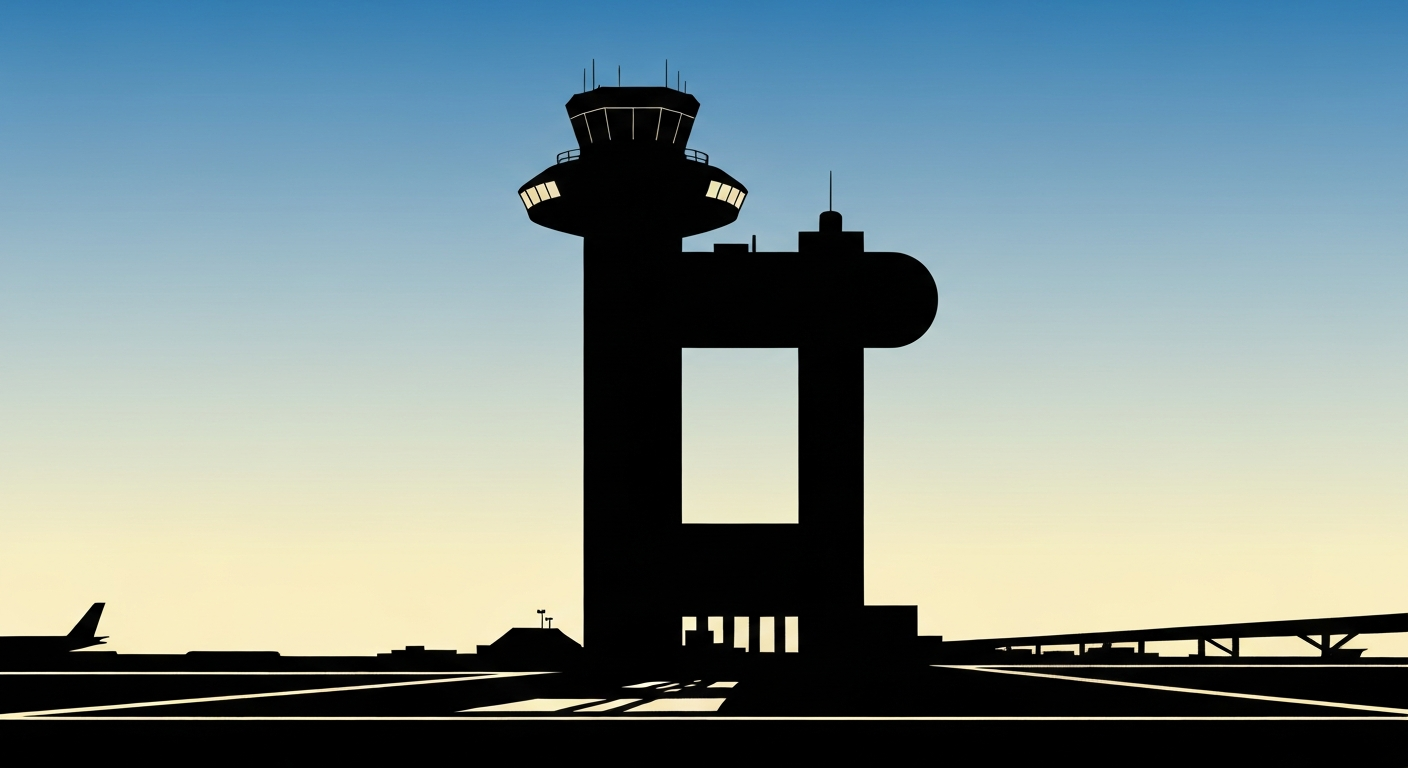 A highly stylized, geometric illustration depicting the towering silhouette of an airport control tower and runway, conveying the grand scale and sleek forms of air travel without any literal depiction of planes or people.