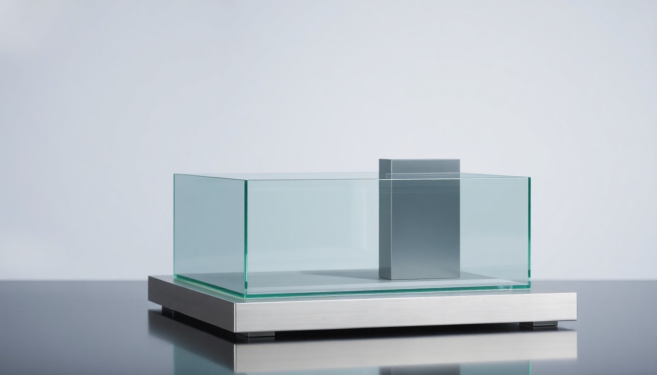 A sleek, minimalist desk organizer made of brushed aluminum and glass, representing the orderly and efficient management of Boise's urban renewal efforts under Brunelle's leadership.