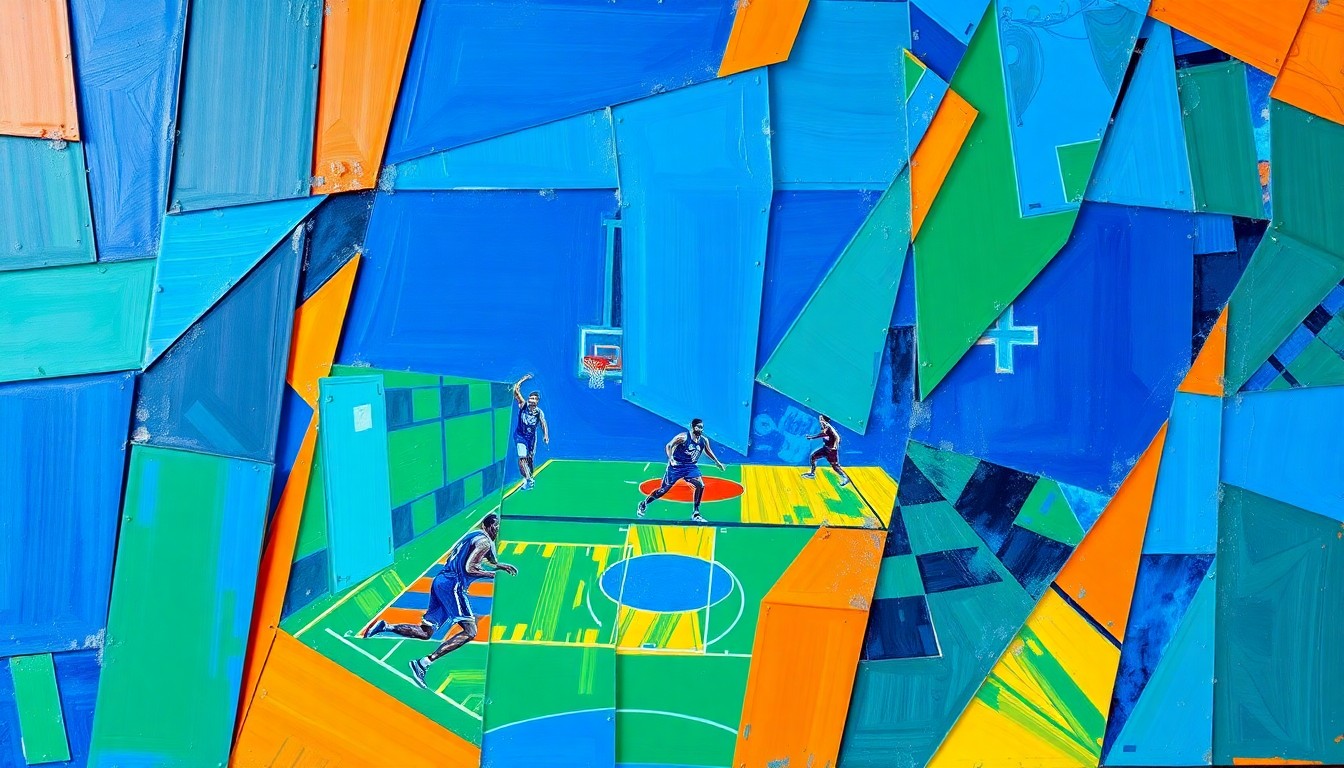 A cubist-style painting featuring sharp, overlapping geometric shapes in vibrant blues, oranges, and greens, conceptually representing the dynamic energy and potential of the Charlotte Hornets' young roster.