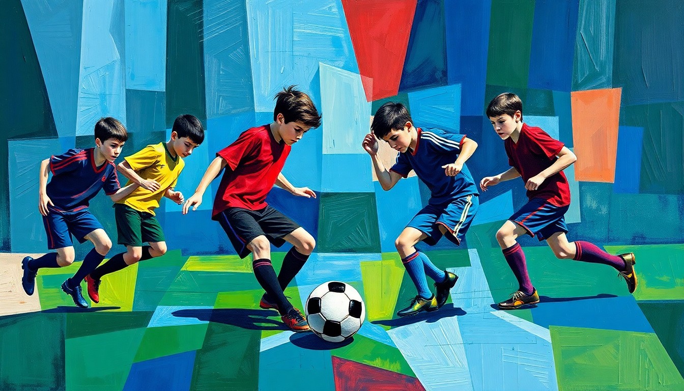 A fragmented, geometric painting depicting the dynamic movements of soccer players and a ball, rendered in a bold color palette of blues, greens, and reds.