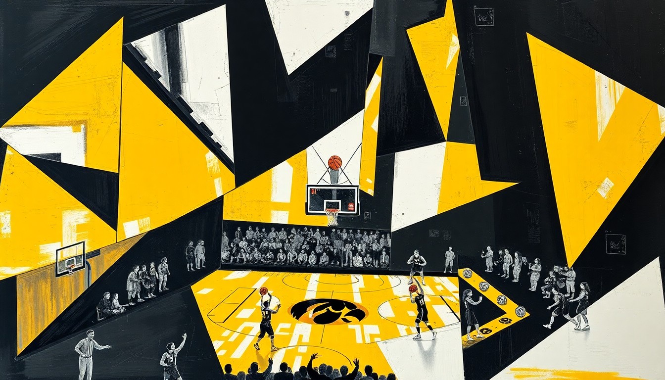 A fractured, cubist-style painting depicting the dynamic movements and energy of a women's basketball game, with sharp geometric shapes and planes in the team colors of black, gold, and white.
