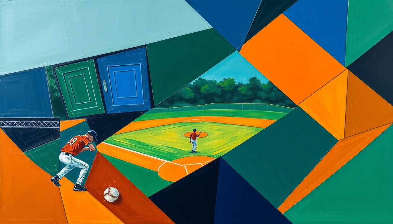 A fragmented, geometric painting depicting the dynamic movements and energy of a high school softball game, with sharp planes of navy, green, and orange creating an abstract, multi-perspective scene.