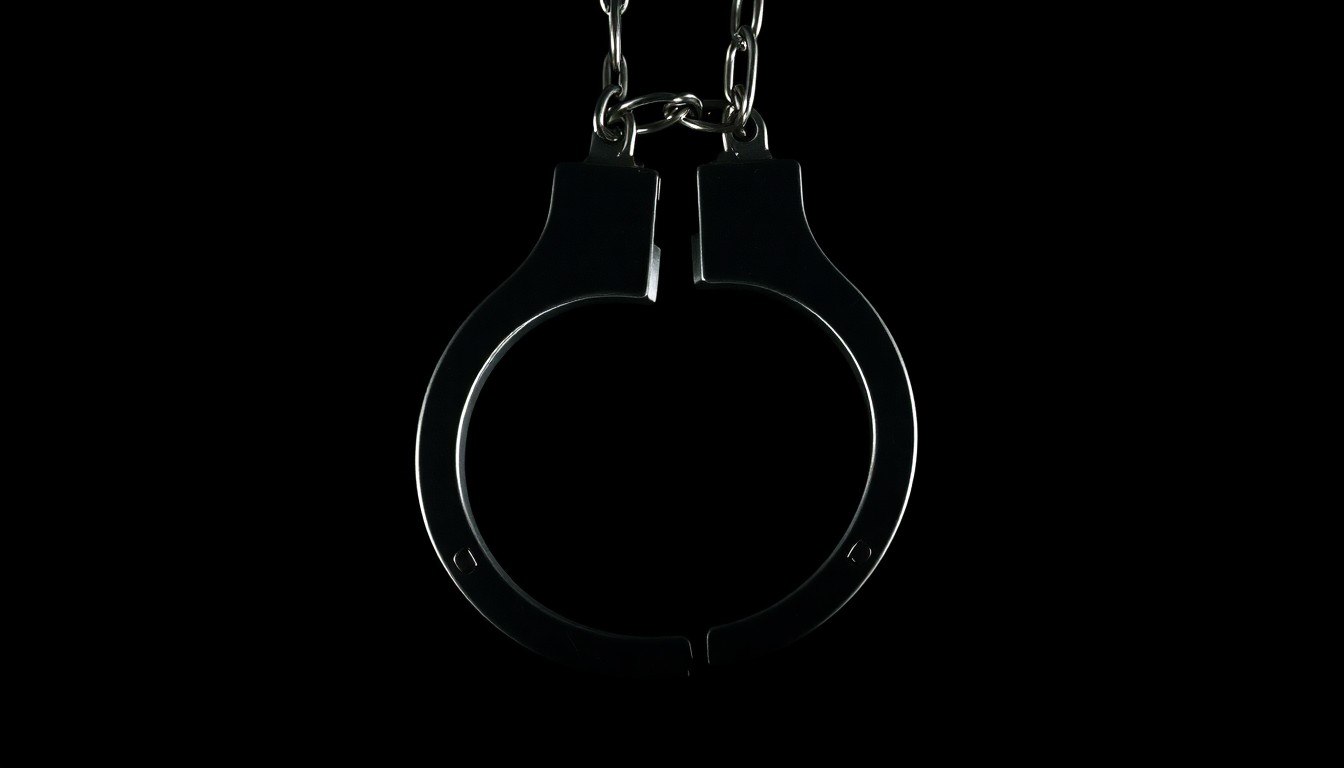 An extreme close-up photograph of a pair of handcuffs against a pitch-black background, lit by a harsh, direct camera flash, conceptually representing the consequences for perpetrators of child sexual abuse.