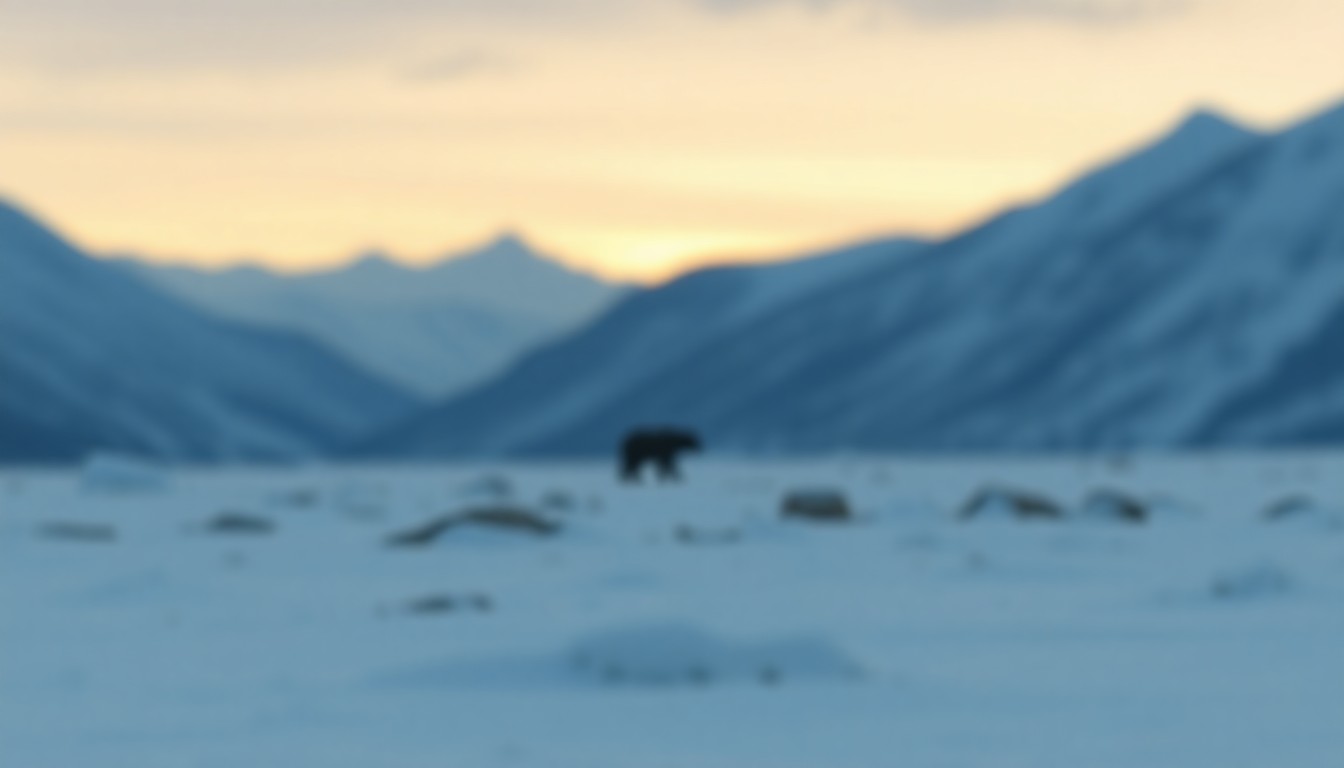 A soft, hazy landscape of snow-capped mountains and pine trees, with the faint outline of a large bear in the distance, conveying the remote and wild setting of the military training area.