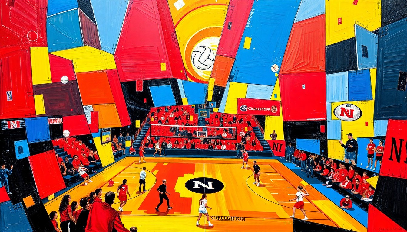 A cubist, geometric painting depicting a volleyball match in motion, with players and the ball fragmented into overlapping planes of bright primary colors.