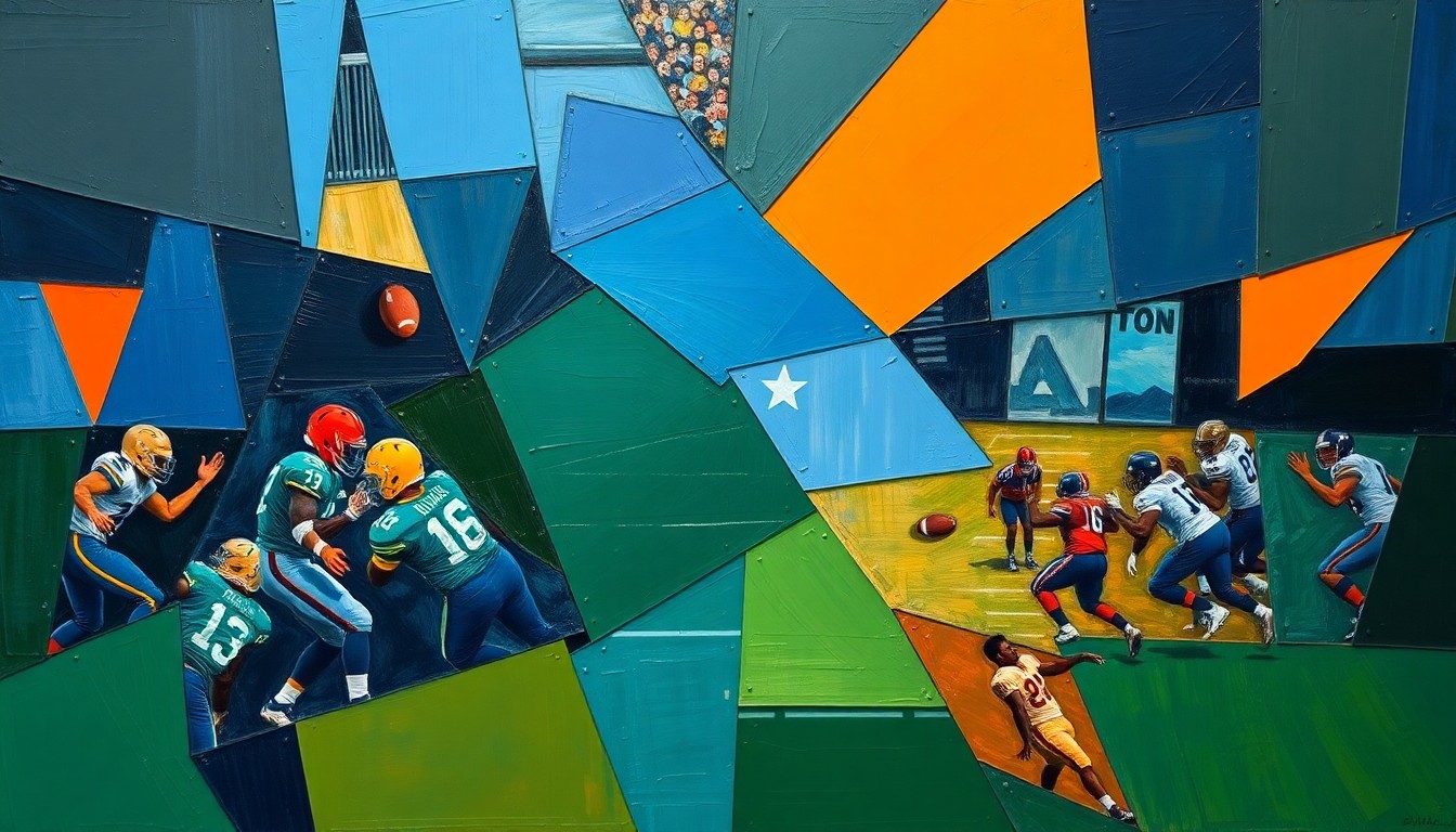 A cubist-style painting depicting a fragmented, geometric football scene, with sharp planes of navy, green, and orange overlapping to create a sense of motion and energy.