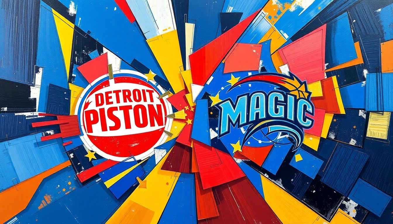A fractured, multi-perspective painting featuring sharp, overlapping geometric planes in the colors of the Detroit Pistons and Orlando Magic, conceptually representing the intense playoff matchup between the two teams.