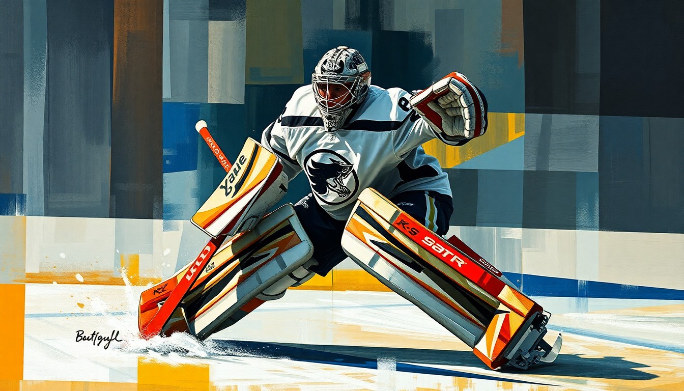 A cubist, geometric painting depicting a hockey goaltender in action, with the player's form broken down into sharp, overlapping planes of color, conceptually representing the complex dilemma facing the Canucks' new general manager.