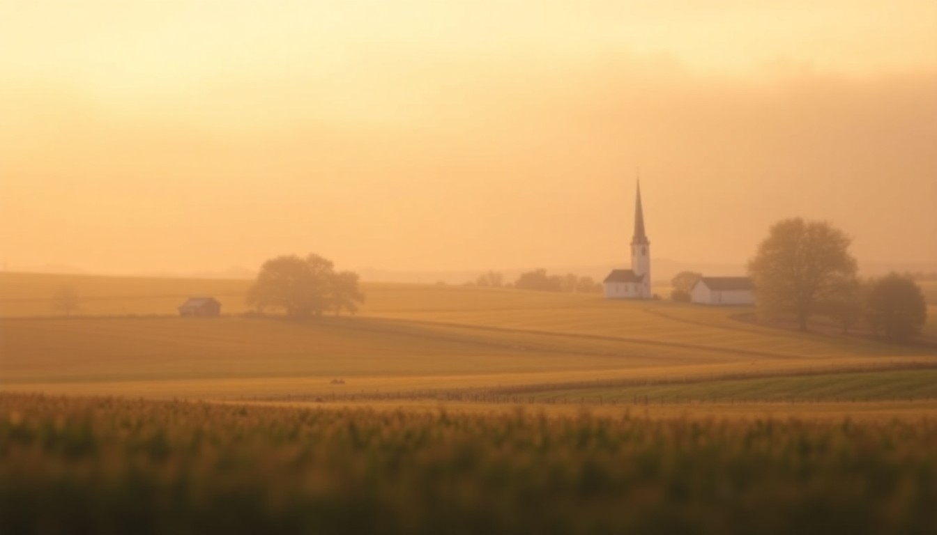 A soft, out-of-focus photograph in warm, muted tones depicting a rural landscape with a small church steeple in the distance, conceptually representing the peaceful life and legacy of Marlin Johnson.