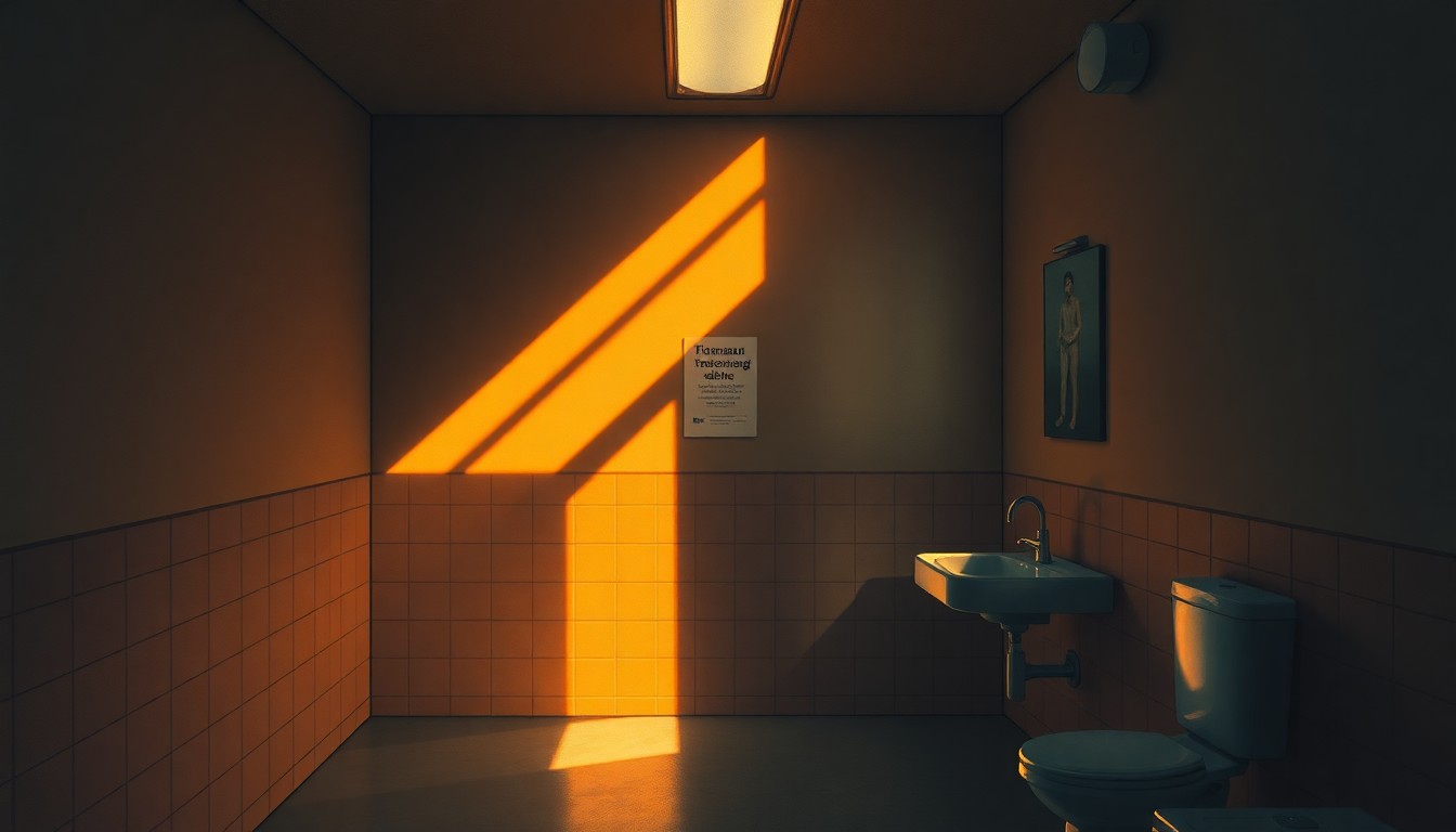 A softly lit, cinematic painting of the interior of a rest stop bathroom, with a subtle human trafficking awareness poster visible on the wall, conveying a sense of quiet contemplation around this important issue.