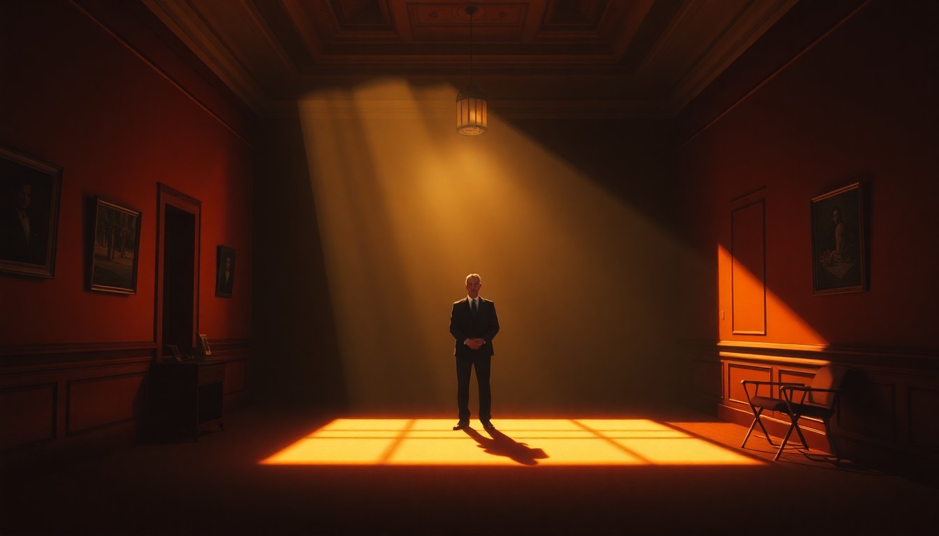 A dimly lit government office with a single figure standing alone, the scene bathed in warm, diagonal sunlight and deep shadows, conveying a sense of isolation and the challenges of an independent political campaign.