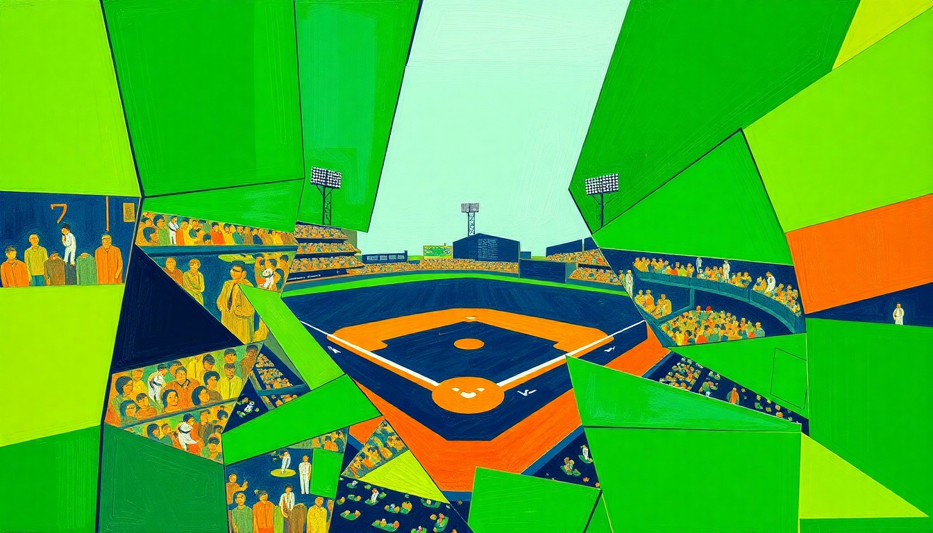 A fractured, abstract painting using bold geometric shapes and vibrant colors to depict the energy and movement of a baseball game.