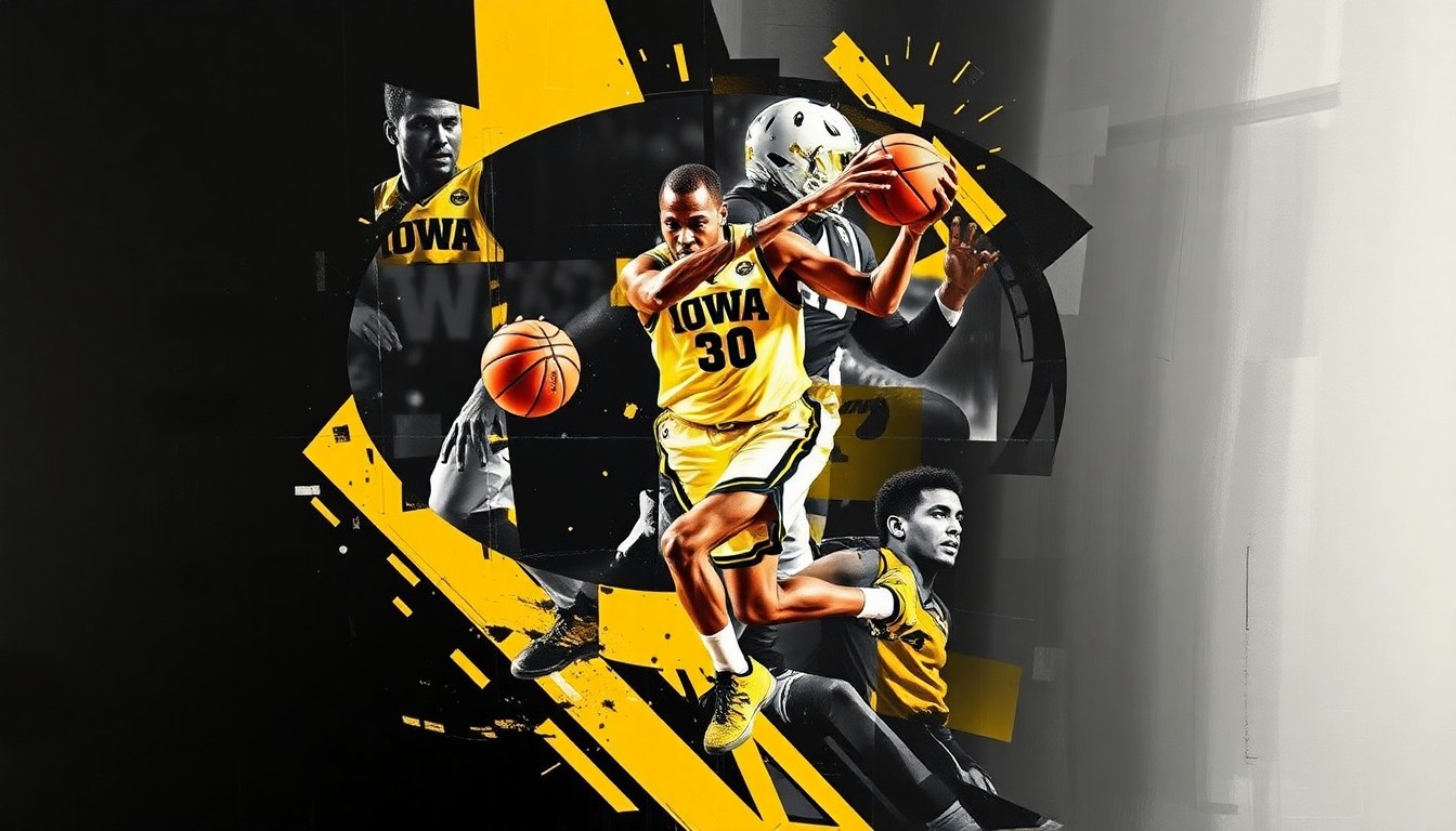 A cubist, geometric painting depicting a basketball player in motion, broken down into sharp, overlapping planes of color in Iowa's official team palette of black, gold, and white.