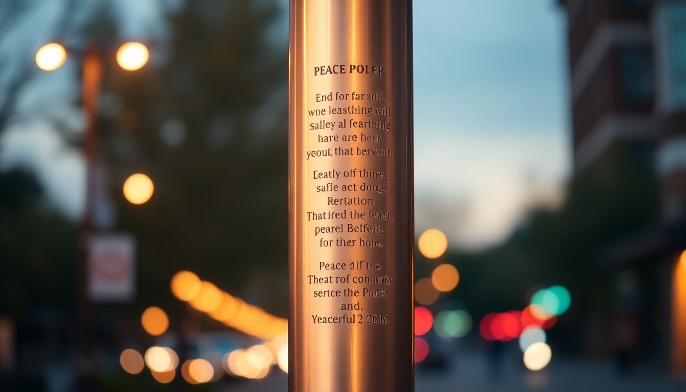 An out-of-focus photograph of a tall, wooden peace pole with inscriptions in multiple languages, surrounded by a warm, blurred glow of lights, conveying a sense of tranquility and community connection.