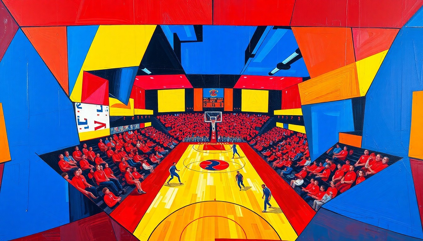A fractured, cubist-style painting depicting the dynamic energy and movement of a college basketball game, with sharp geometric shapes in bold primary colors representing the players and action on the court.