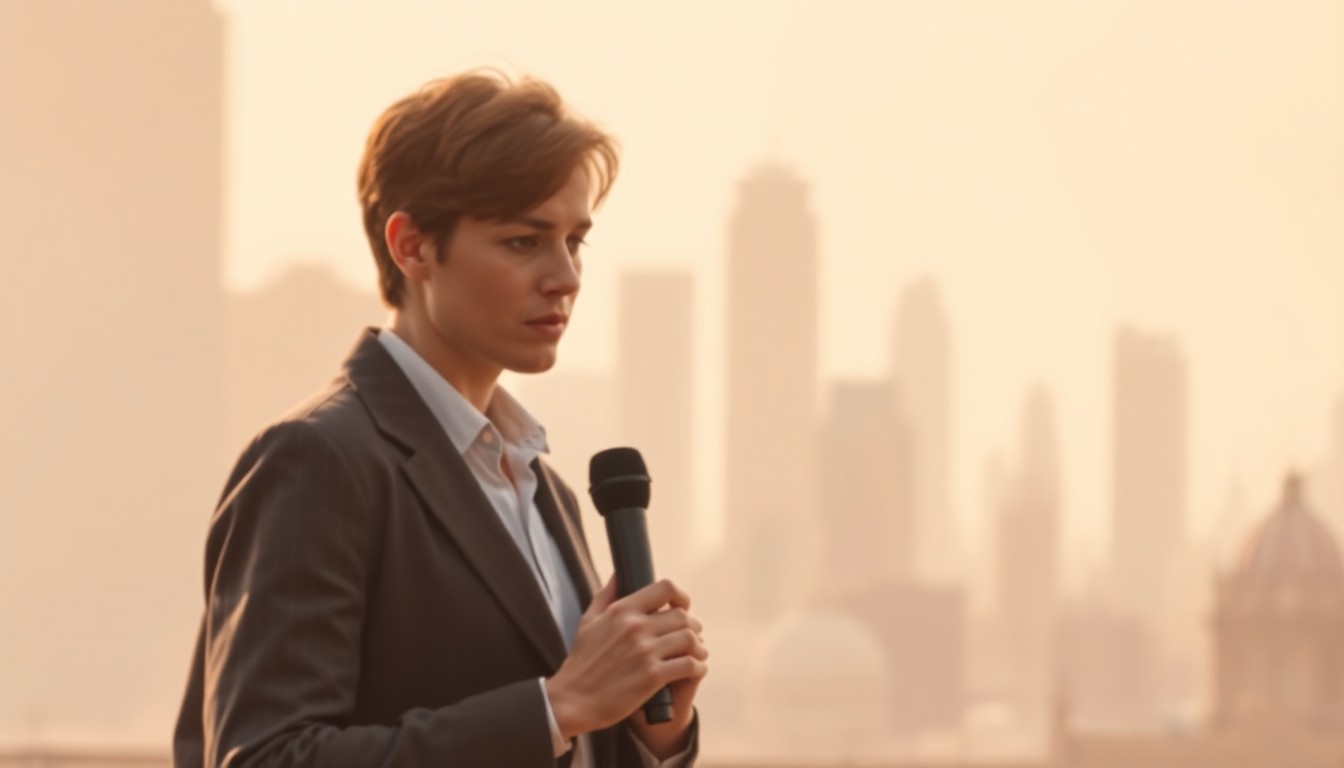A blurred, impressionistic photograph showing the silhouette of a journalist holding a microphone, with a hazy cityscape visible in the background, conveying a sense of warmth, energy, and connection to the local community.