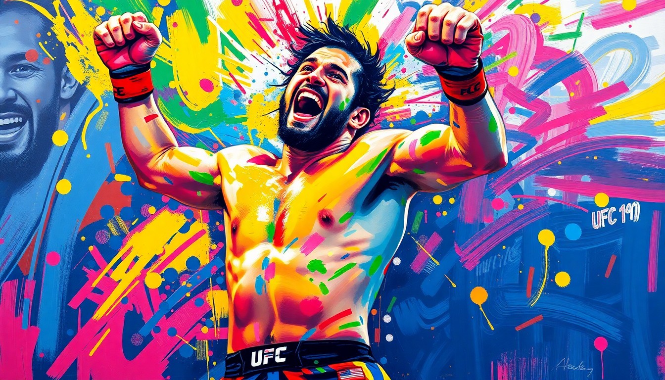 An abstract, expressionistic painting in vibrant neon colors depicting a blurred, energetic figure in mid-celebration, representing the excitement and chaos of a UFC fighter's victory celebration.