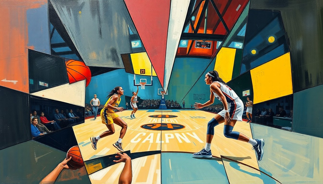A cubist, geometric painting depicting a WNBA basketball game or match, with the players' movements and actions broken down into sharp, overlapping planes of color and shape, capturing the intensity and competitiveness of the rivalry between the two stars.