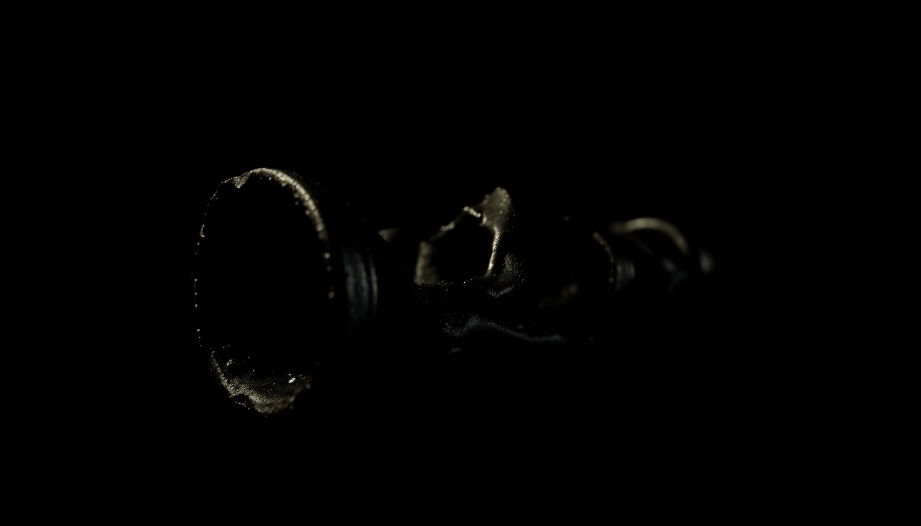 An extreme close-up photograph of a charred, twisted metal object from a crime scene, conveying a stark, gritty, investigative aesthetic through dramatic lighting and a pitch-black background.