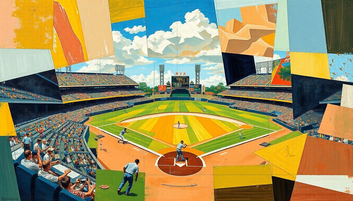 A cubist-style painting depicting a softball game broken down into overlapping geometric shapes and planes, capturing the dynamic energy and movement of the sport.