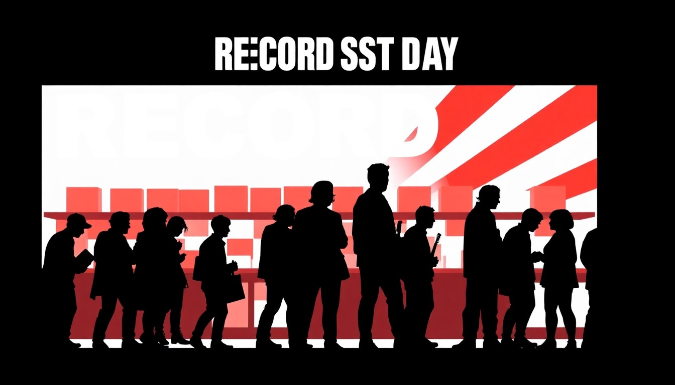 A conceptual illustration using bold, geometric black silhouettes and high-contrast solid colors to represent the energy and community of independent record stores on Record Store Day.