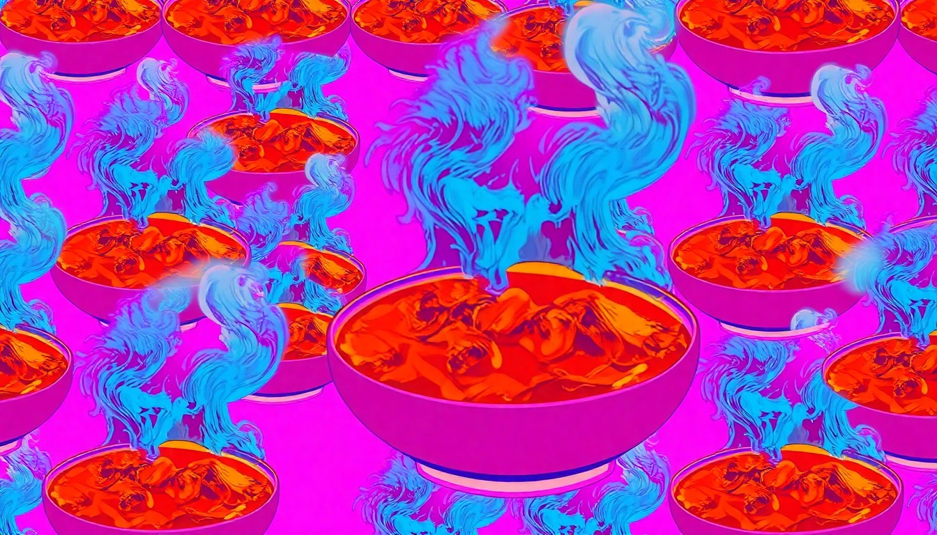 A highly stylized, abstract silkscreen print featuring a repeating pattern of a steaming bowl of traditional Sri Lankan curry in a grid of bright, neon-like colors and heavy black outlines, capturing the festive energy of a cultural celebration.