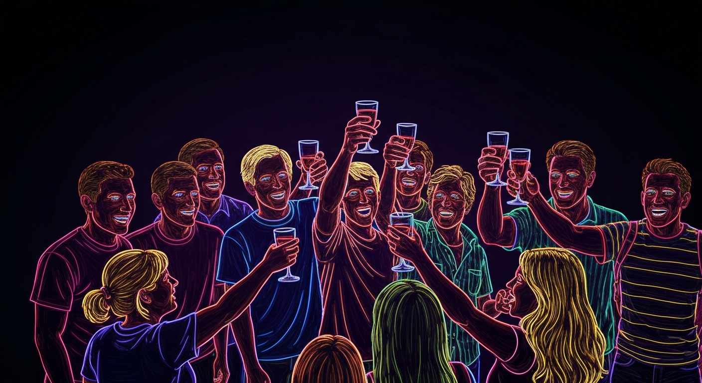 A vibrant neon outline illustration of a group of people gathered together, celebrating and raising a glass, against a dark background, capturing the energy and community spirit of a fundraising event.
